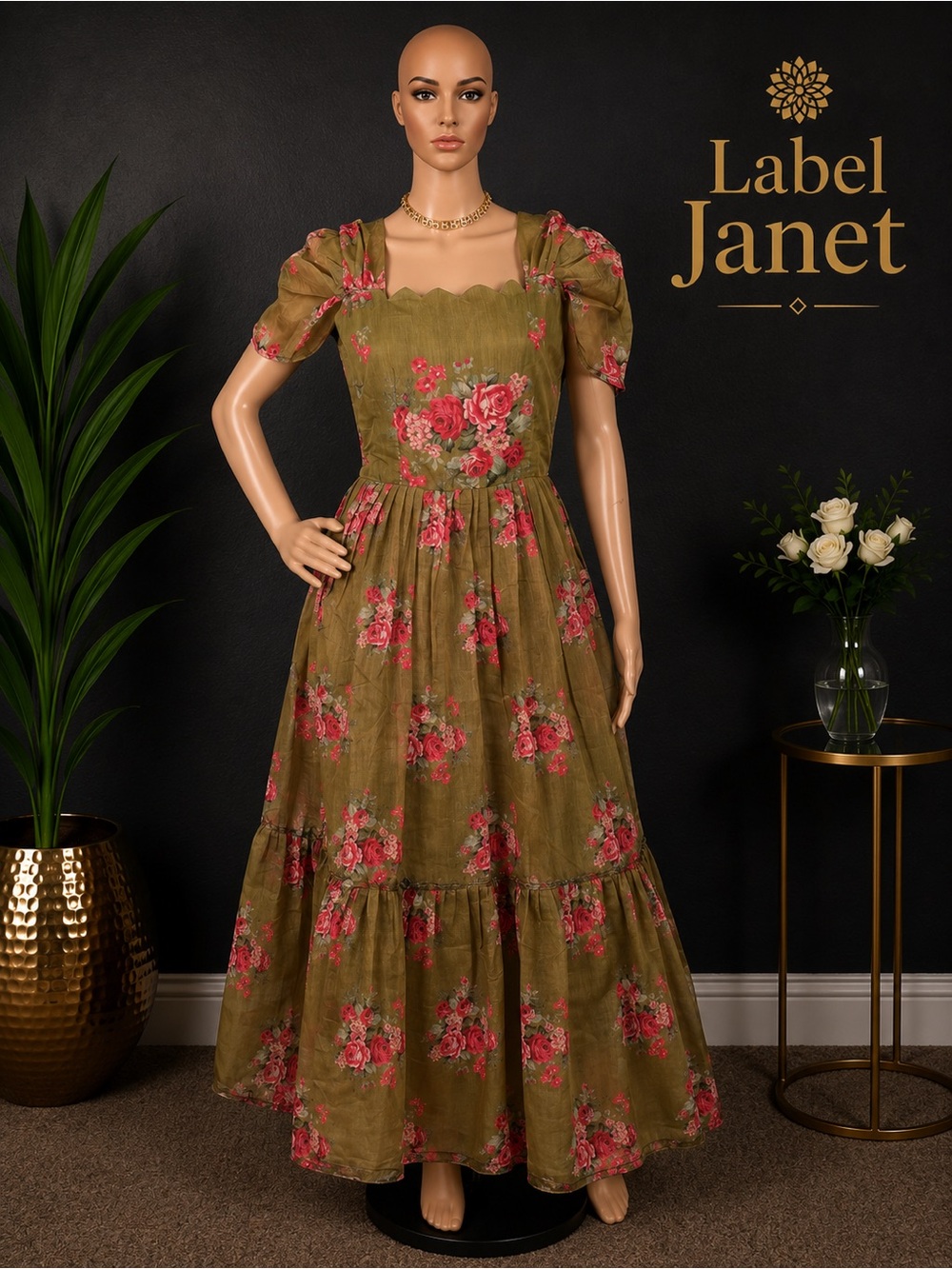 Brand new Olive Green Floral Midi Dress for women,Bust size - XL up to XXL